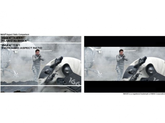 Изображение, отражающее сравнение между форматом  CinemaScope (2:40:1) и расширенным форматом IMAX (1.9:1)