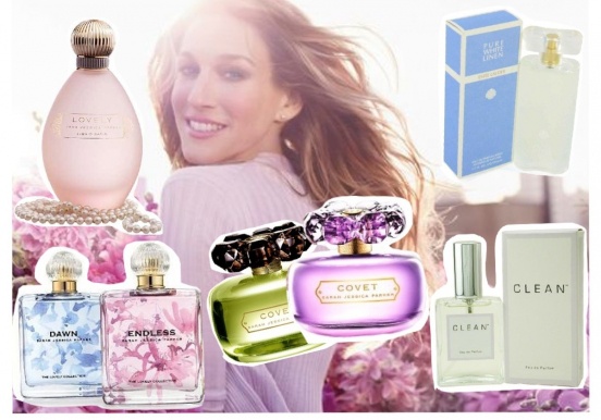 Сары Джессики Паркер: Clean, Covet Sarah Jessica Parker, Lovely Liquid Satin Sarah Jessica Parker, Endless Sarah Jessica Parker, Pure White Linen Estee Lauder, Covet Pure Bloom Sarah Jessica Parker, Dawn Sarah Jessica Parker.