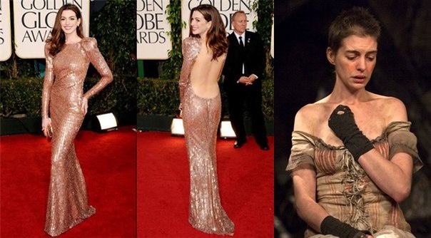 Энн Хэтэуэй (Anne Hathaway) пожертвовала не только весом, перейдя на диету с максимальным потреблением 500 калорий в день, но и постригла волосы. Ведь ее героиня фильма "Отверженные" болела туберкулезом и занималась проституцией.