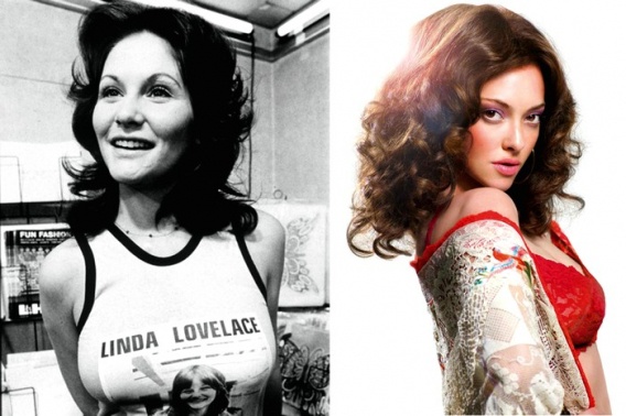 Звезда порно-фильмов "Линда Лавлейс" и Аманда Сайфред в фильме "Лавлейс"