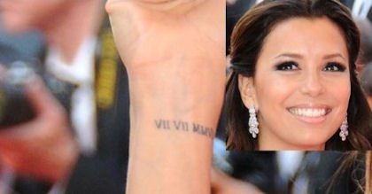 Голливудская красавица решила запечатлеть значимую дату своей жизни – дату бракосочетания с Тони Паркером. Римскими цифрами на запястье было написано 07.7.07. после измены мужа и последовавшего за ней развода, надпись исчезла так же быстро, как и появилас