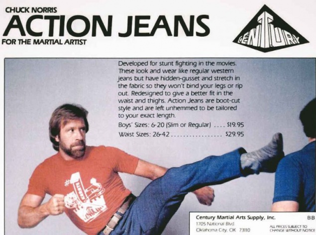 9. Чак Норрис рекламировал модель джинсов под названием Action Jeans. Дизайн и покрой этих джинсов позволяет с лёгкостью двигаться и делать удар с разворотом без опаски их разорвать. 9. Чак Норрис рекламировал модель джинсов под названием Action Jeans. Дизайн и покрой этих джинсов позволяет с лёгкостью двигаться и делать удар с разворотом без опаски их разорвать.