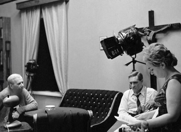 Ростислав Плятт, В'ячеслав Тихонов і Тетяна Ліознова на зйомках "17 миттєвостей весни"