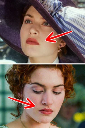 У Роуз из "Титаника" на протяжении всего фильма родинка находится на правой щеке. Однако в начале картины она была слева.